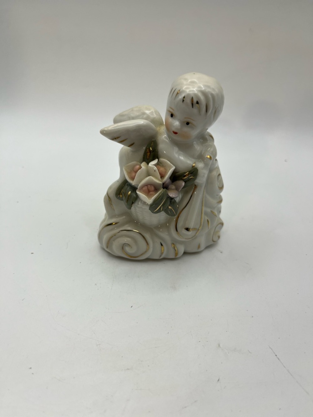 Porcelain Angel Figurine with Pink Roses and Gold Trim